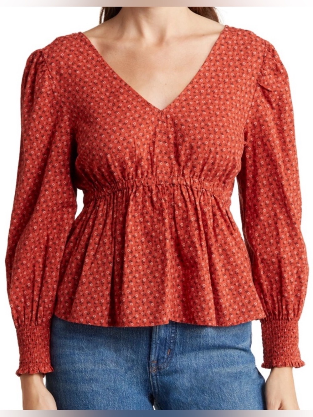 Madewell Red Floral Tie-Back Peplum Top